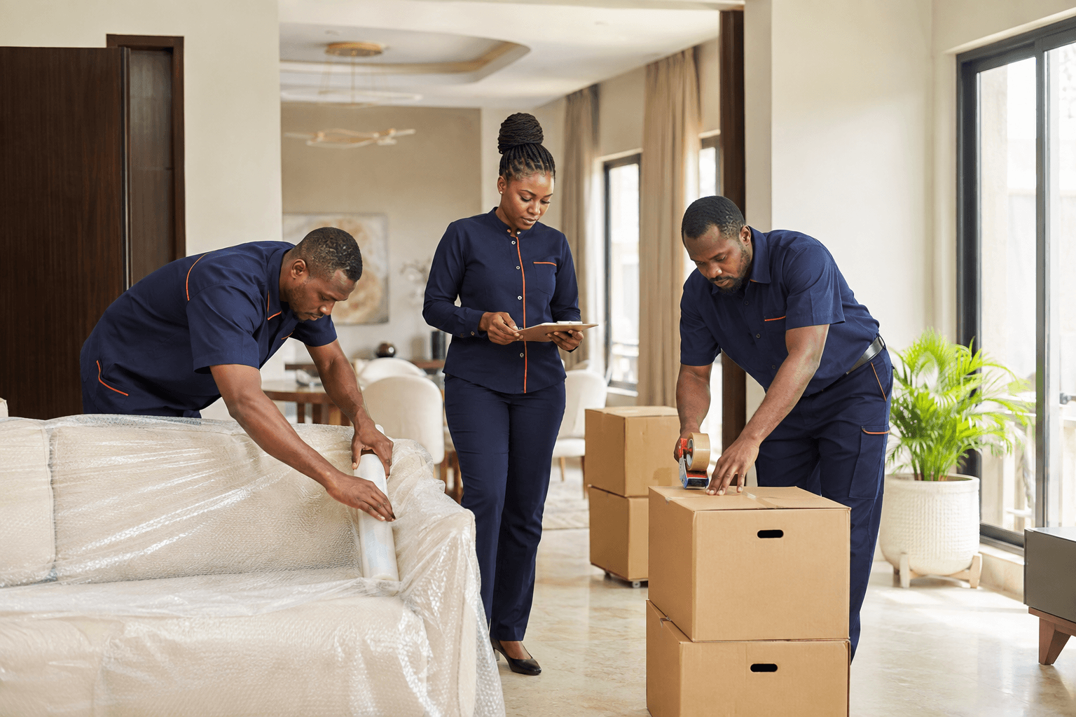 WHILZ team organising furniture and boxes inside a modern home